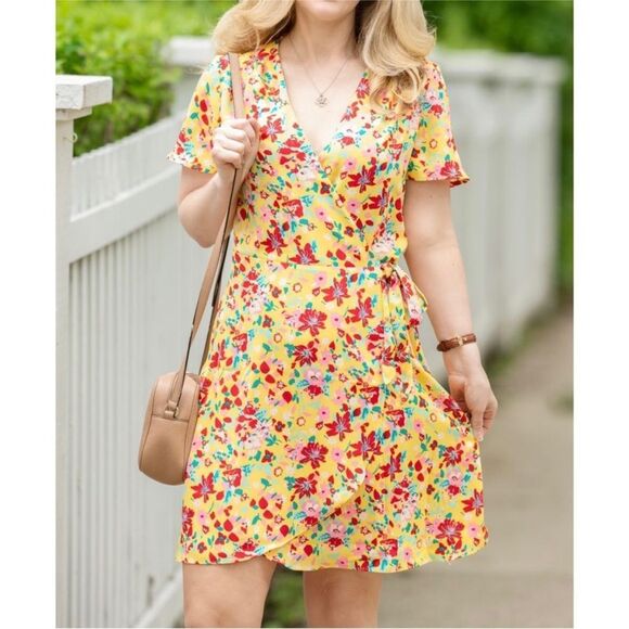 J.Crew Yellow Floral Printed Wrap Dress - Picture 2 of 10